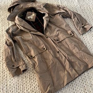 London Fog tan trench coach with plaid lining